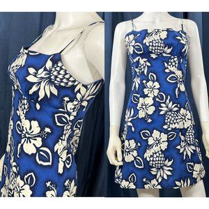 32” Waist M Pineapple Hawaiian Hibiscuses 90s Vintage Blue Dress Made Hawaii